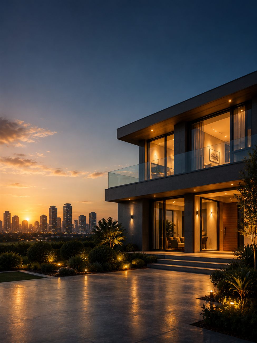 Residência de alto padrão ao entardecer — 2M Reis Imobiliária